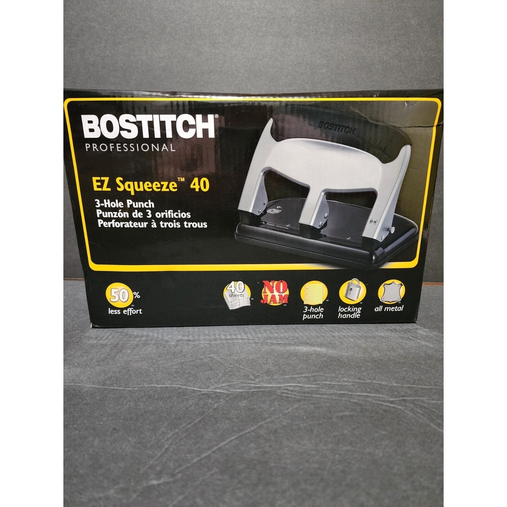 Bostitch EZ Squeeze Three-Hole Punch 40-Sheet Capacity Silver/Black‎ HP40